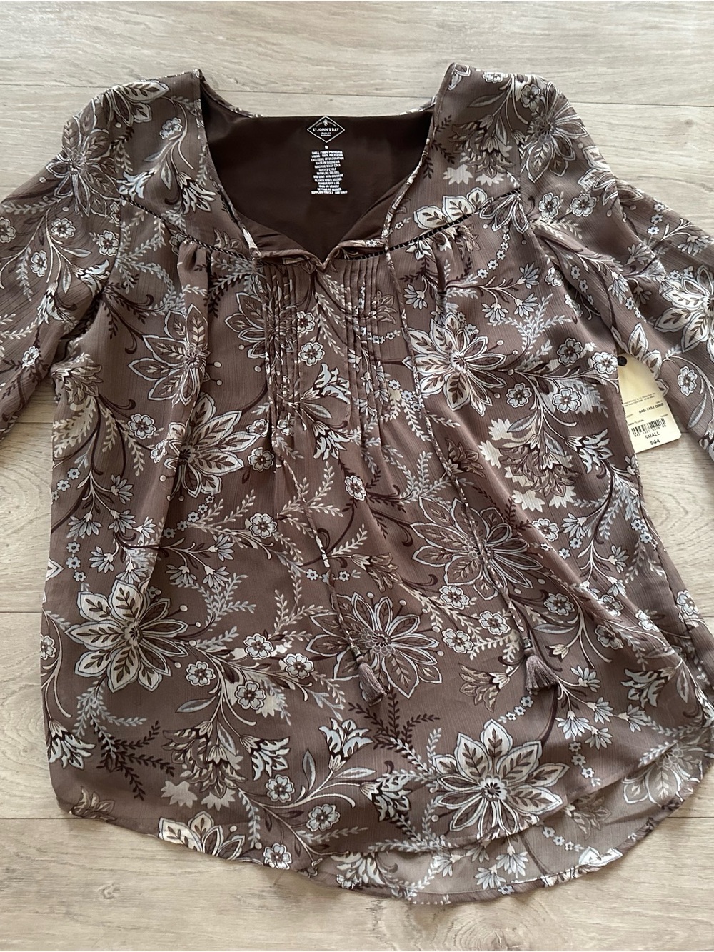 St. John's Bay Brown Floral Pintuck Peasant Top